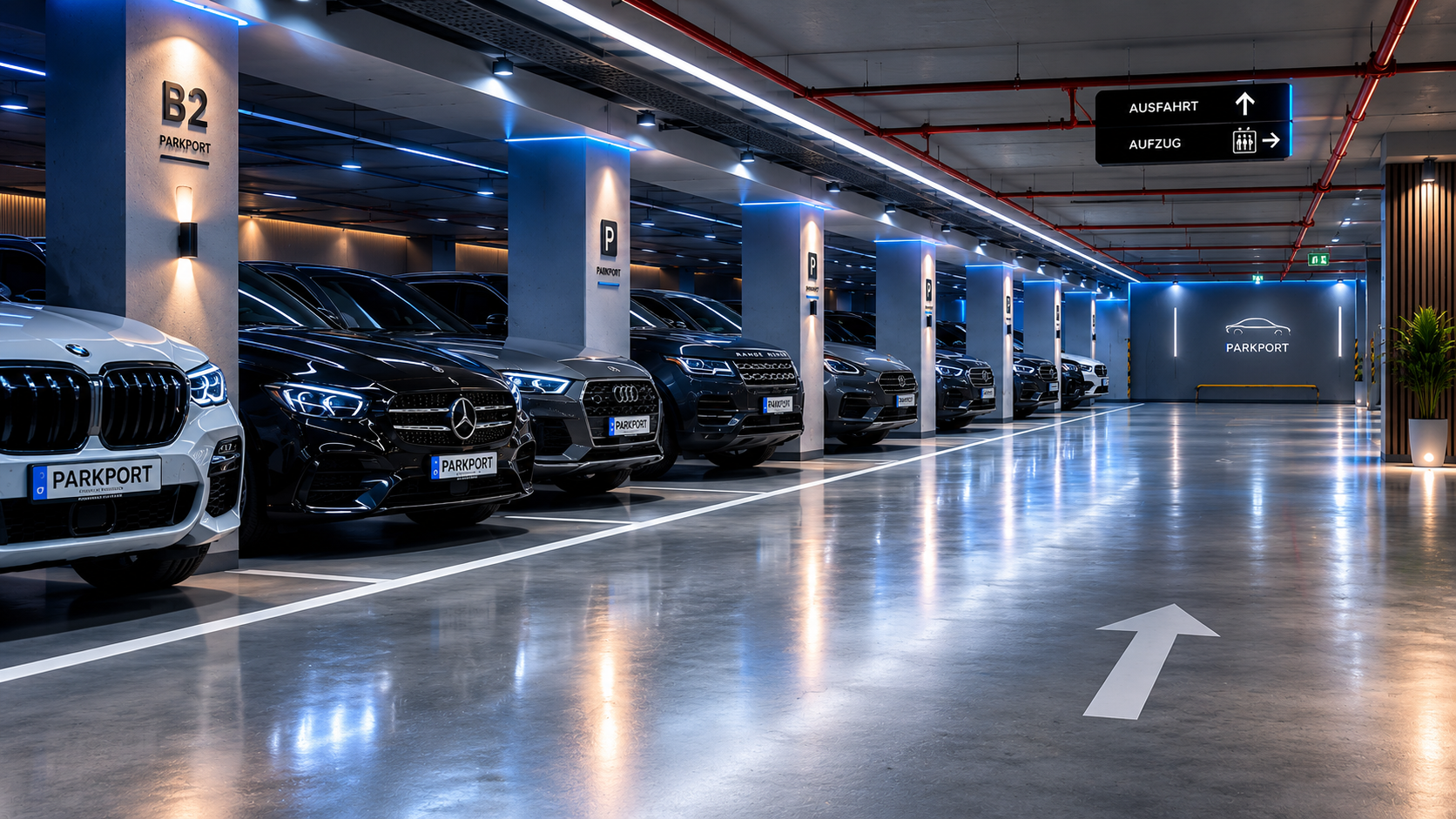 Moderne, beleuchtete Parkport-Tiefgarage mit geparkten Premium-Fahrzeugen am Flughafen Frankfurt