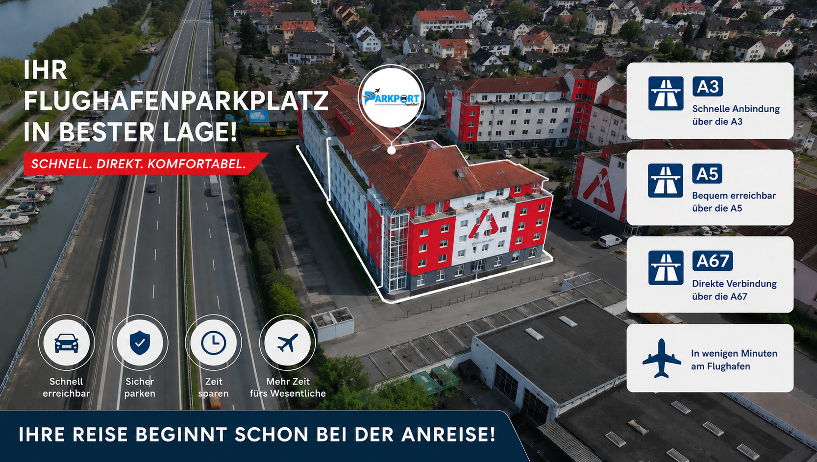 Parkport Frankfurt - Ihr Flughafenparkplatz in bester Lage mit schneller Anbindung über A3, A5 und A67