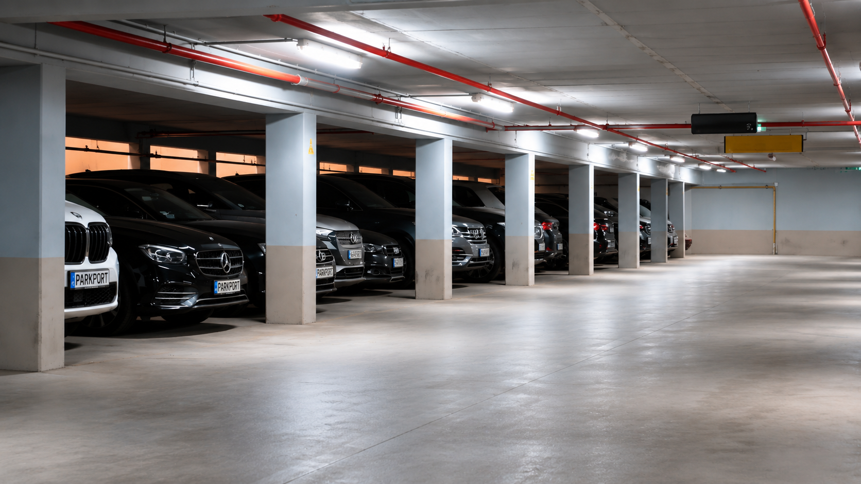 Parkport Frankfurt Tiefgarage mit geparkten Premium-Fahrzeugen zwischen Säulen